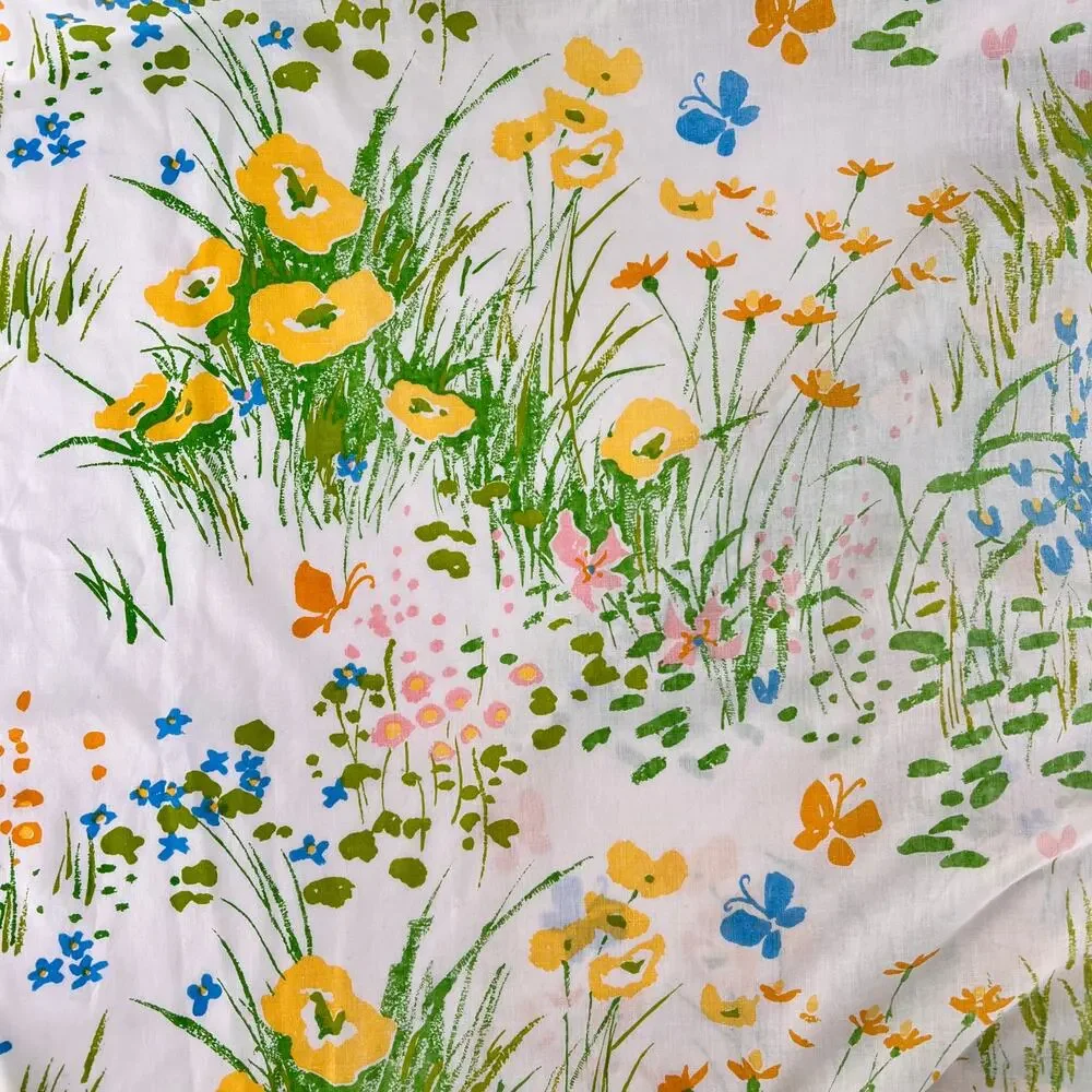Vintage 70s Cottagecore Floral Butterfly Twin Fitted Sheet 1970s